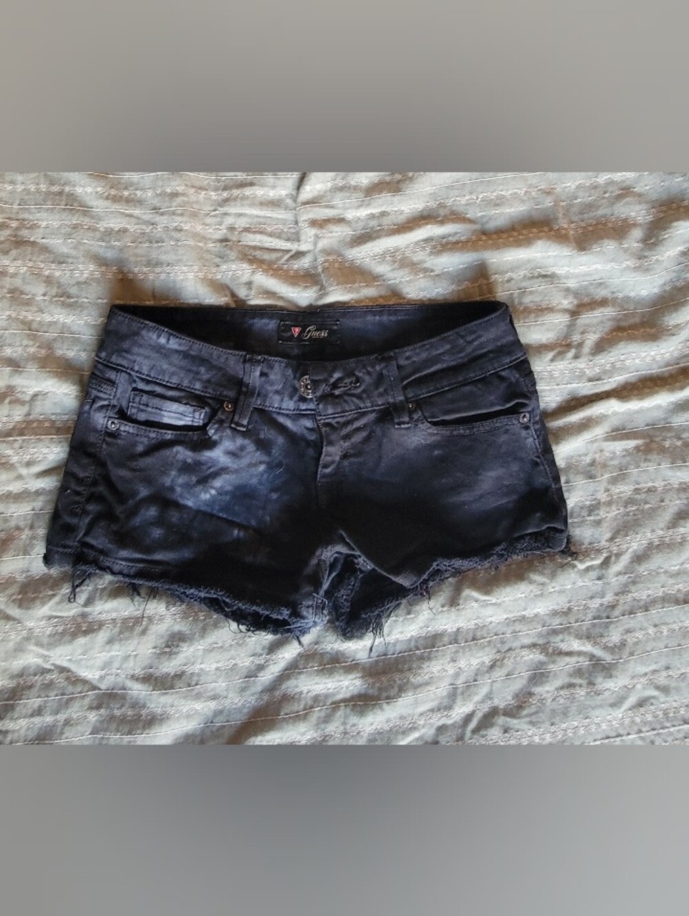 GUESS Black Denim Frayed Hem Low-Rise Jean Shorts